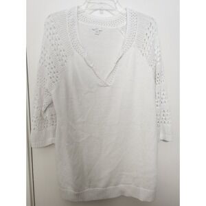 J Jill White Crochet Open Knit V-Neck Sweater Large Cover Up Tunic Cotton‎ Linen